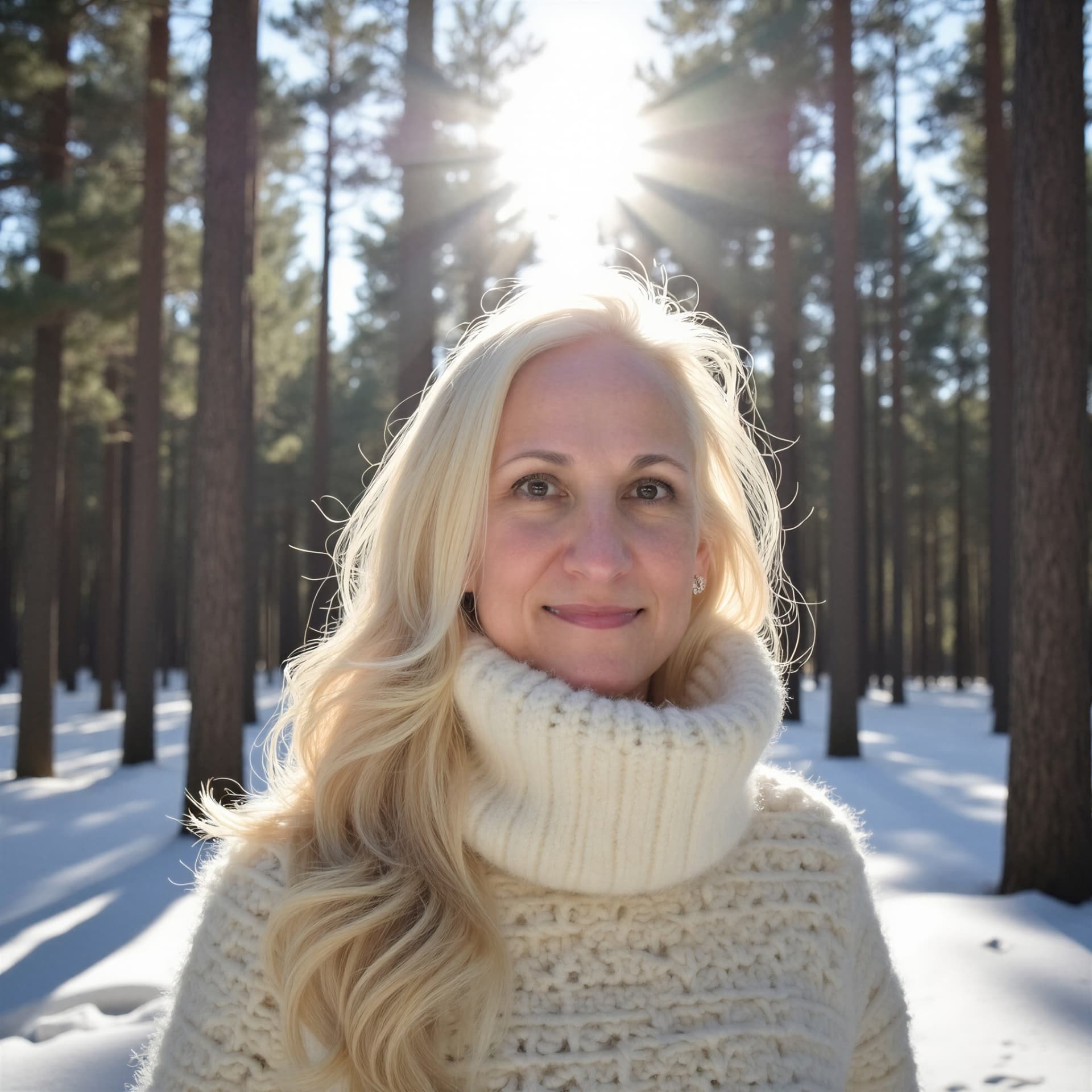 Michell Keif standing among sunlit pines